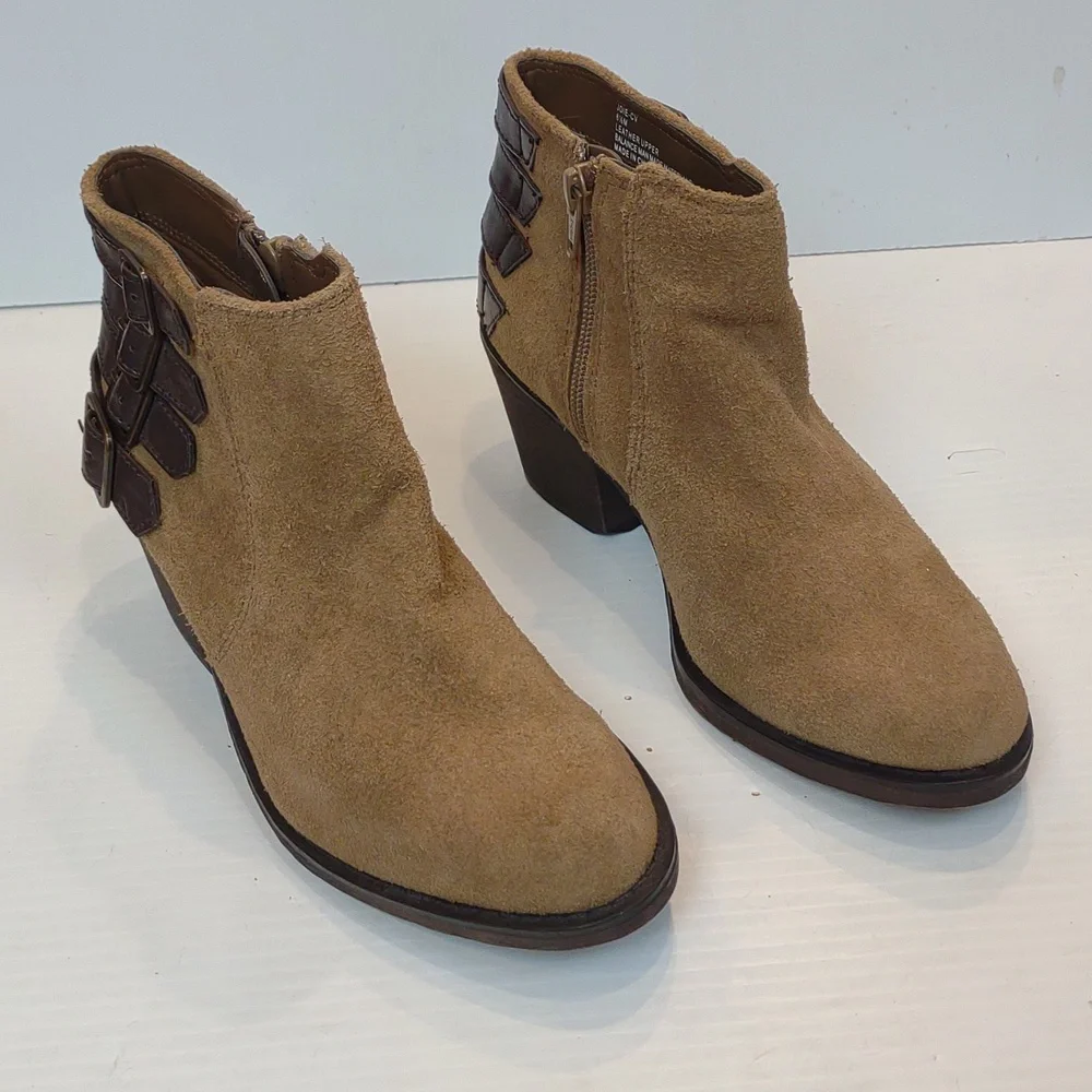 Crown Vintage Women's Joie Tan Suede Side Zip Strap/Buckle Detail Ankle Boots